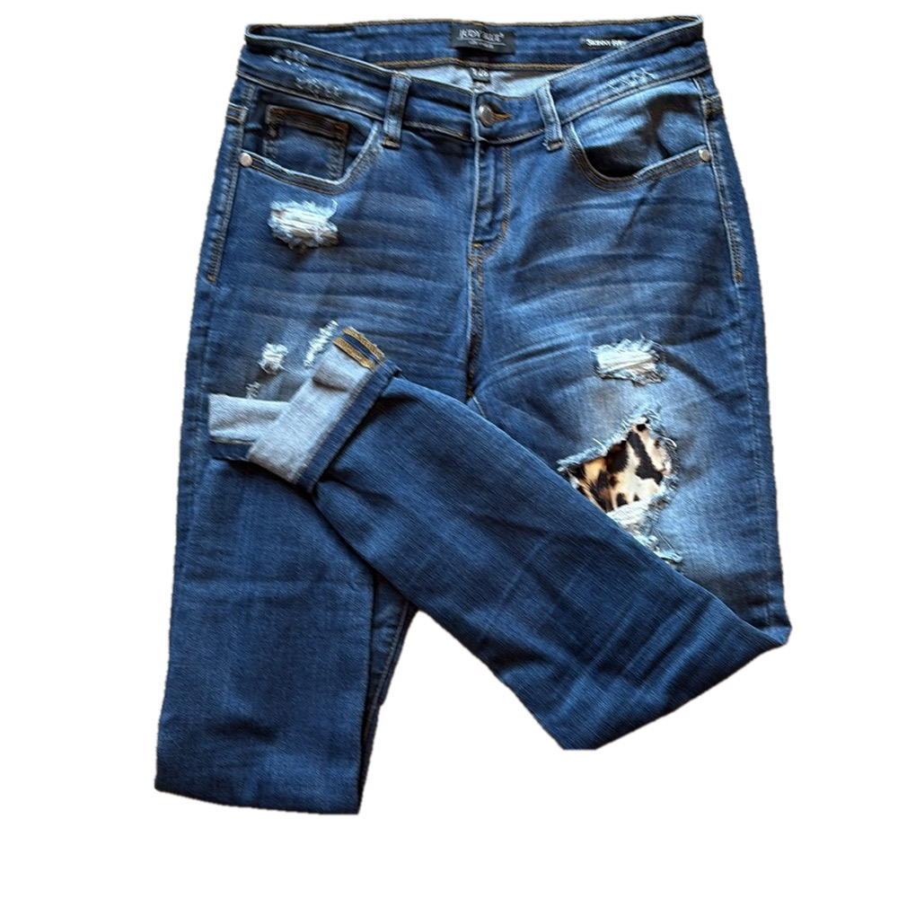 Judy Blue Dark Blue Distressed Skinny Jeans with Leopard Patch